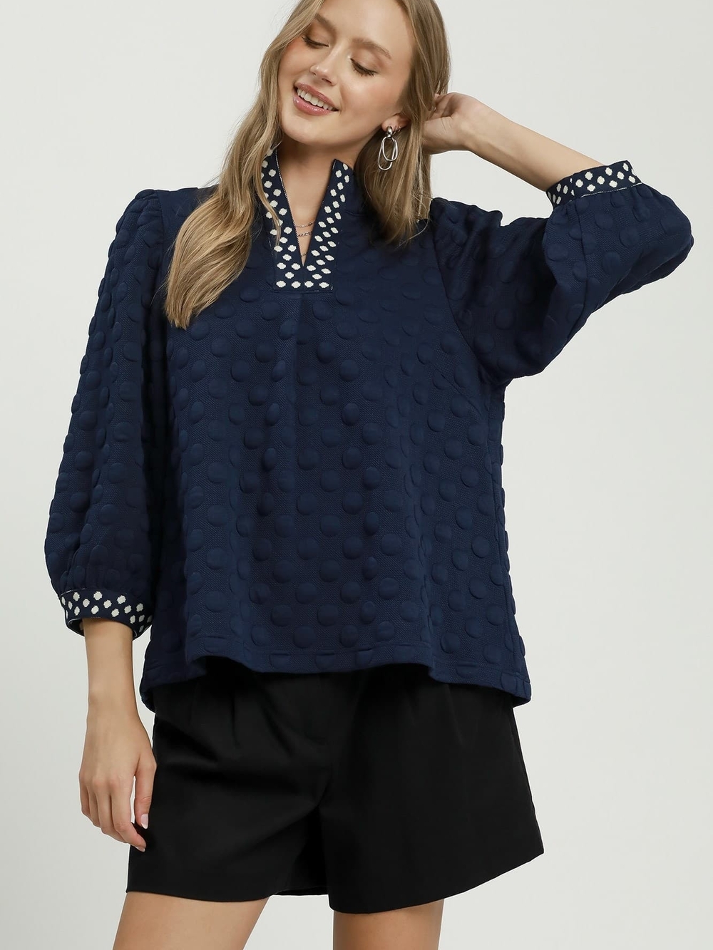 Women’s Navy Textured Dot Pullover Top - Brand